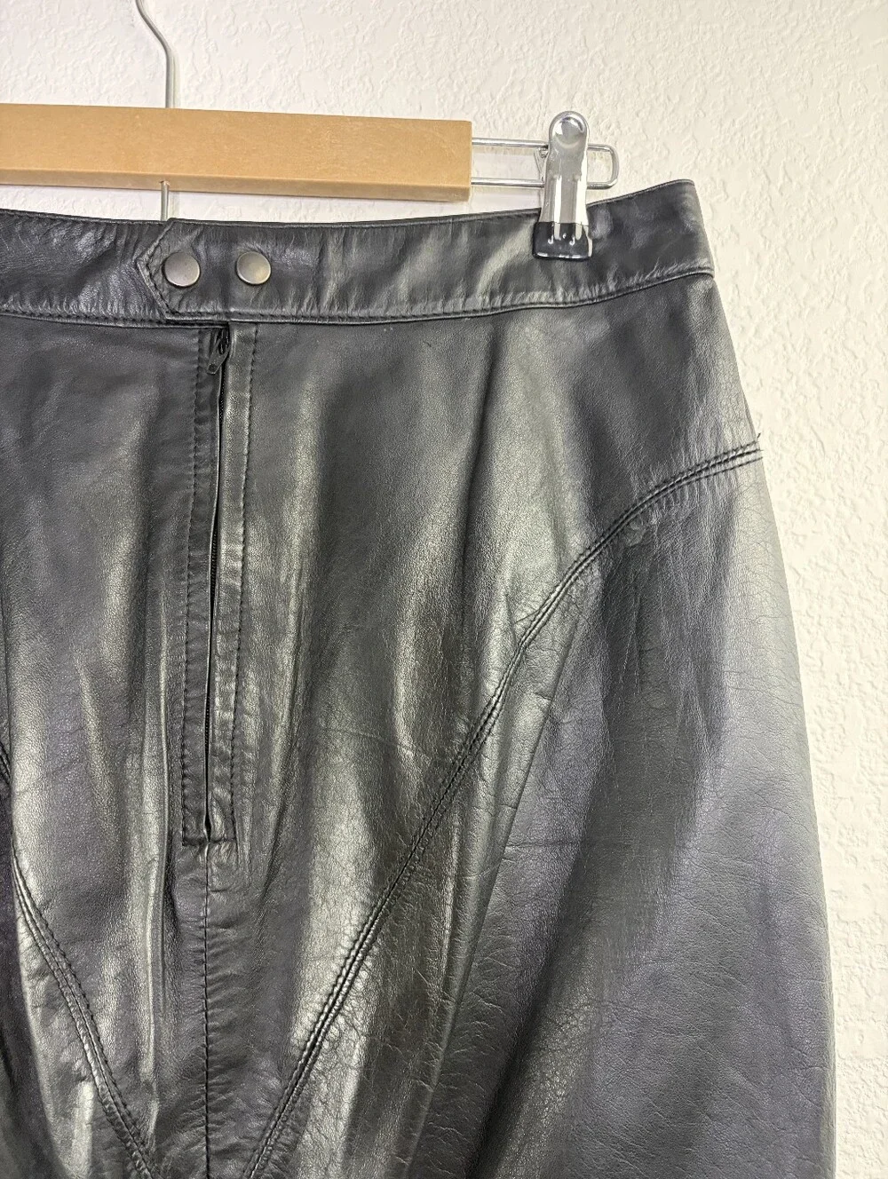 Vintage Greg Adams 80's Black Leather Button Split Skirt 13/14